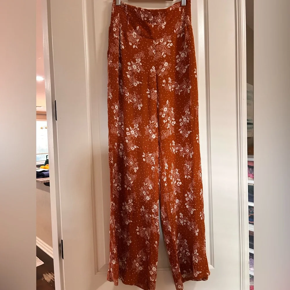 🌼☀️Summer Boho Whimsical Burnt Orange Floral Wide Leg Palazzo Pants ☀️🌼
